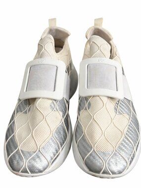 Authentic Roger Vivier Viv Run Sneakers Size 40 Cream Silver Mesh Buckle Slip On